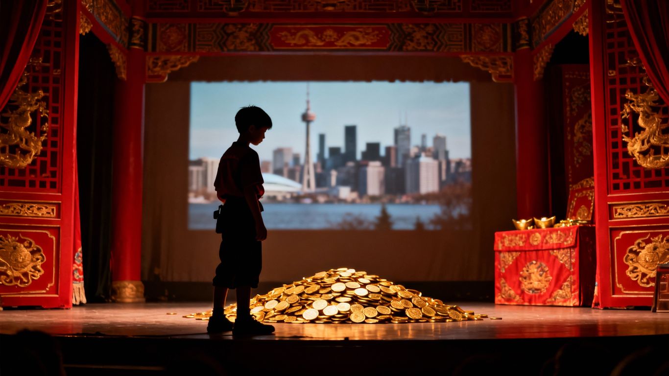 Beijing opera stage, son, gold coins, Vancouver skyline