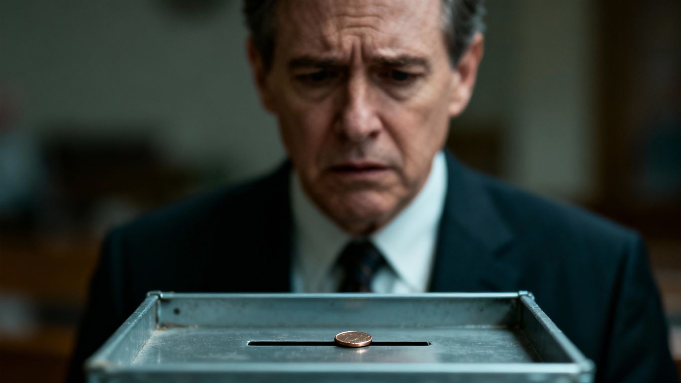 Mayor looks at an almost empty donation box.