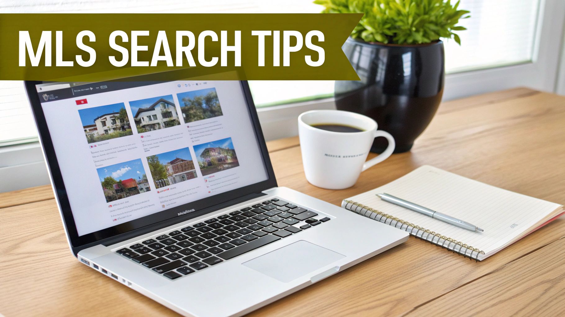 A laptop on a wooden desk showing MLS real estate listings, with a coffee mug and notebook, and an overlay of 'MLS SEARCH TIPS'.