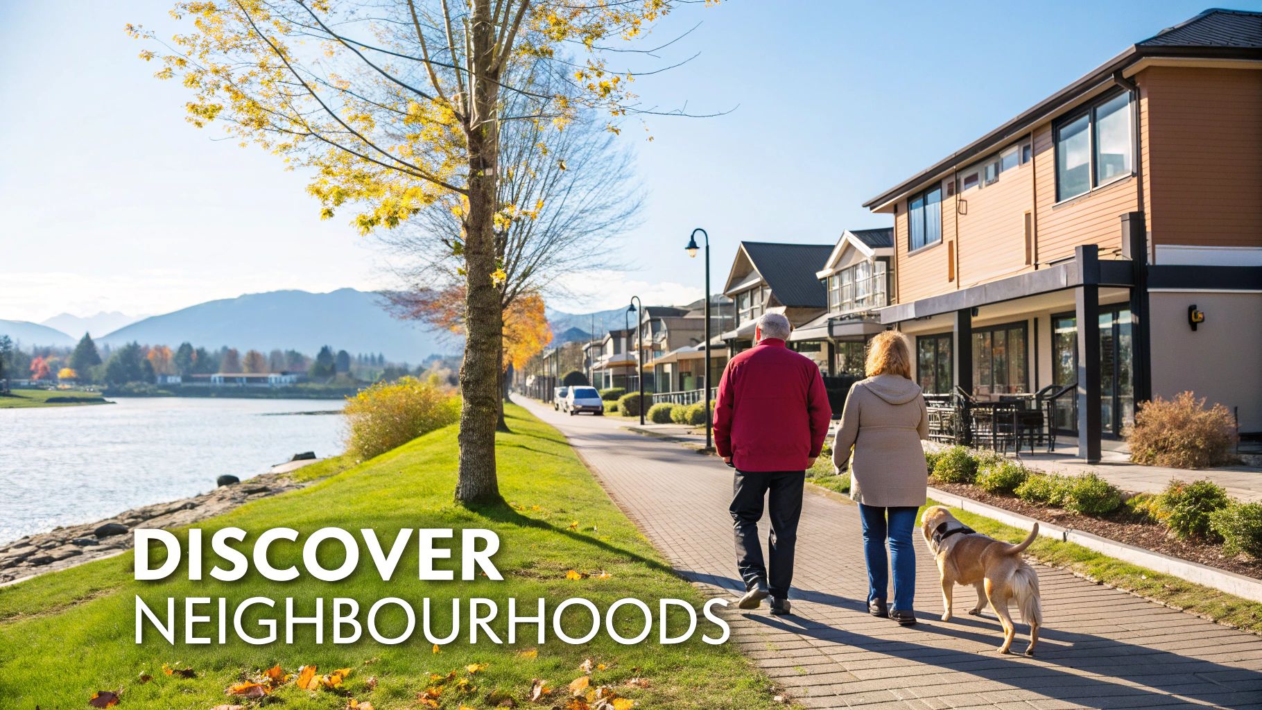 An older couple walks their dog on a scenic waterfront path in a residential neighborhood with mountains.