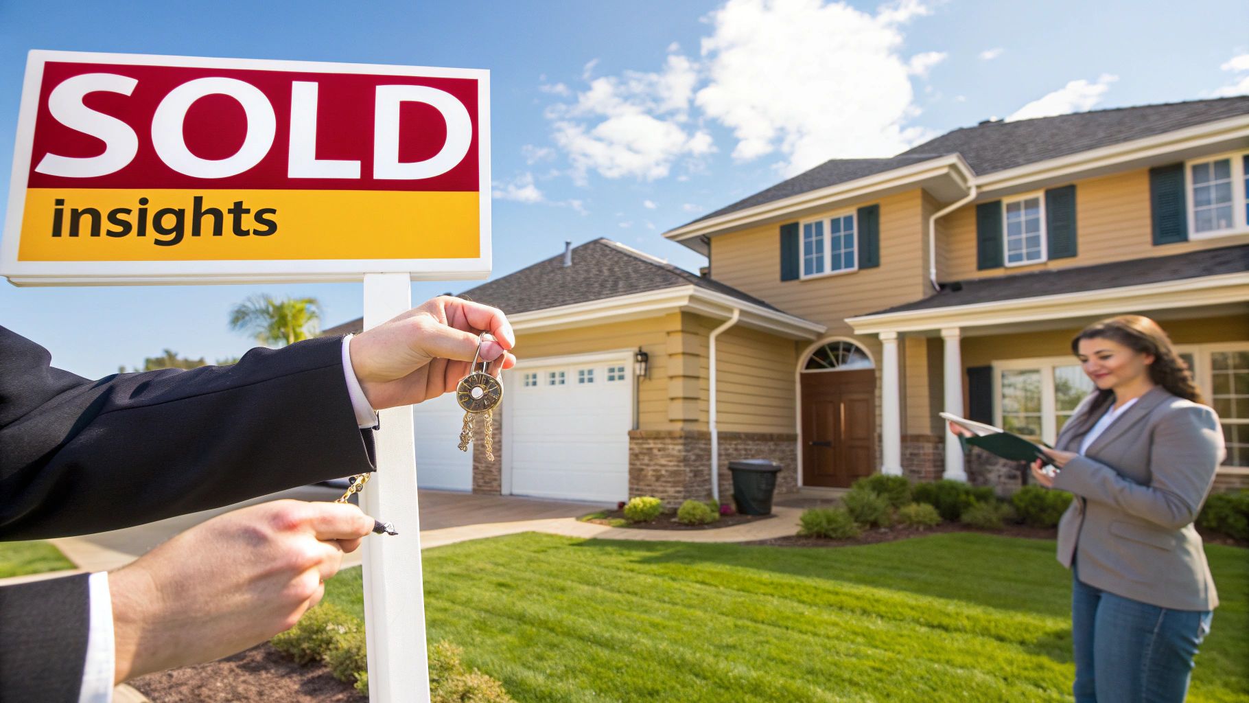 A real estate agent hands keys to a buyer in front of a 'SOLD insights' sign and new house.