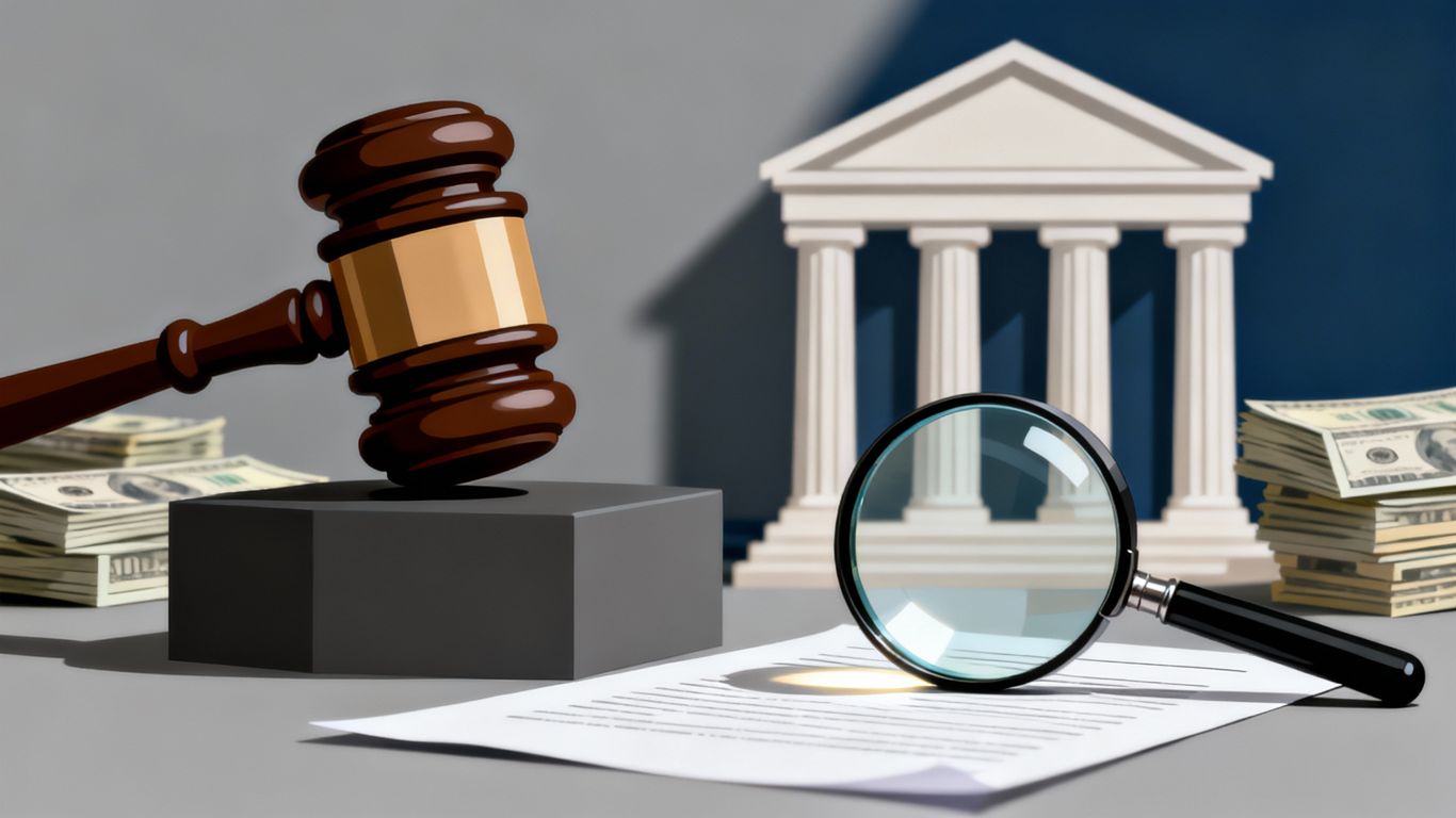 Gavel, money, and courthouse symbolizing legal dispute and fraud investigation.