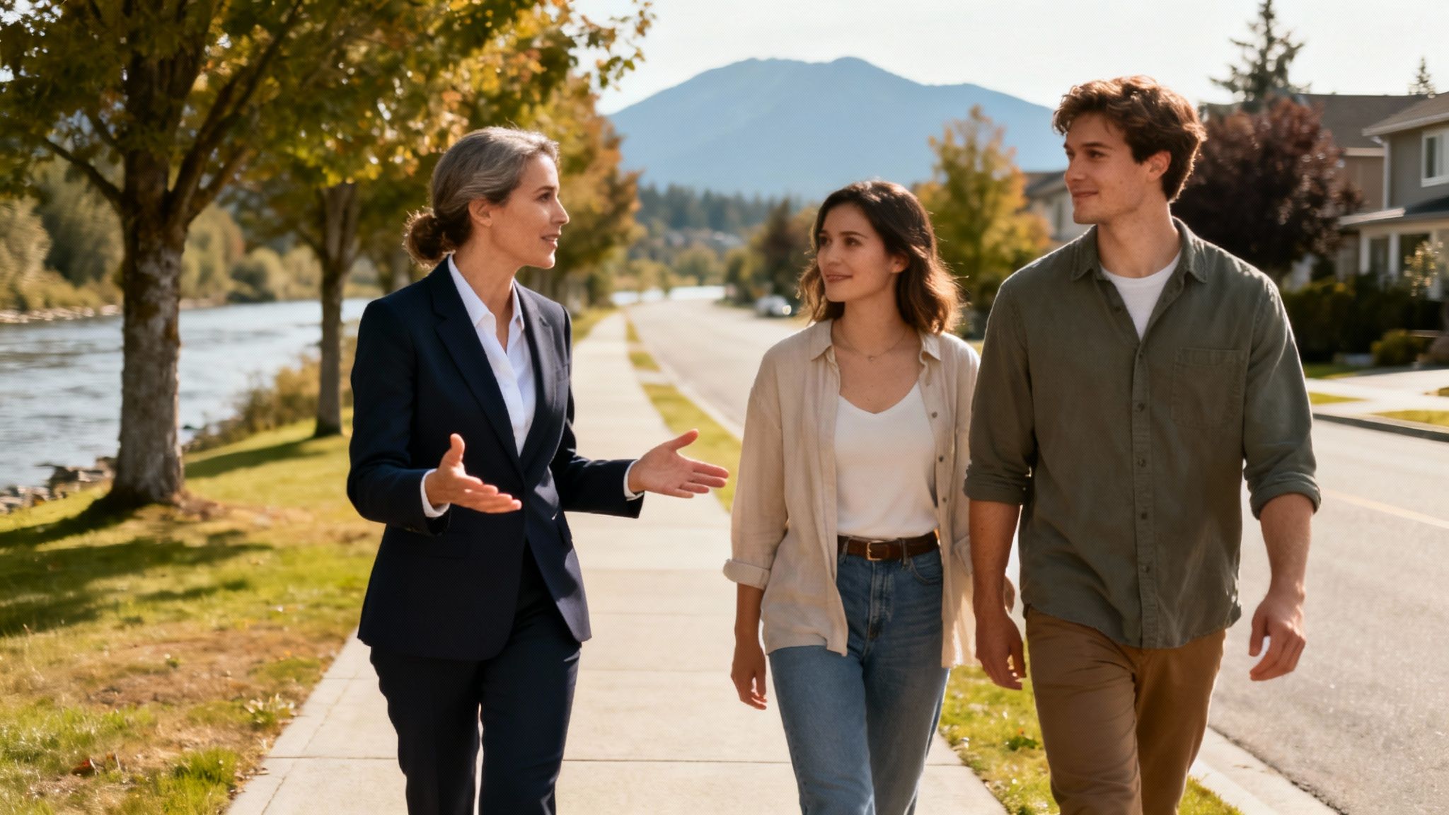 A female real estate agent discusses property with a young couple walking by a river.
