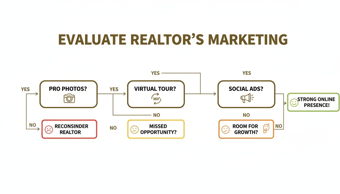 Flowchart evaluating a realtor's marketing strategy based on professional photos, virtual tours, and social ads.