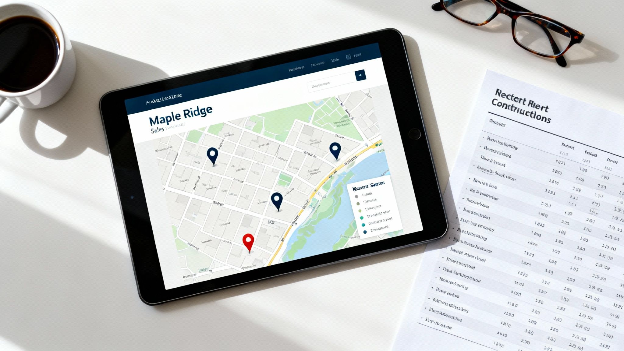Overhead view of a tablet displaying Maple Ridge sales map, construction document, coffee, and glasses.