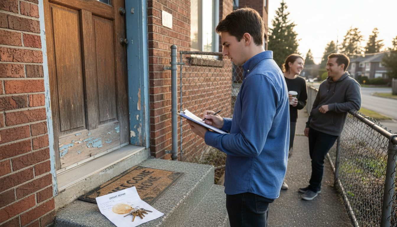 Property manager inspecting residential building entrance