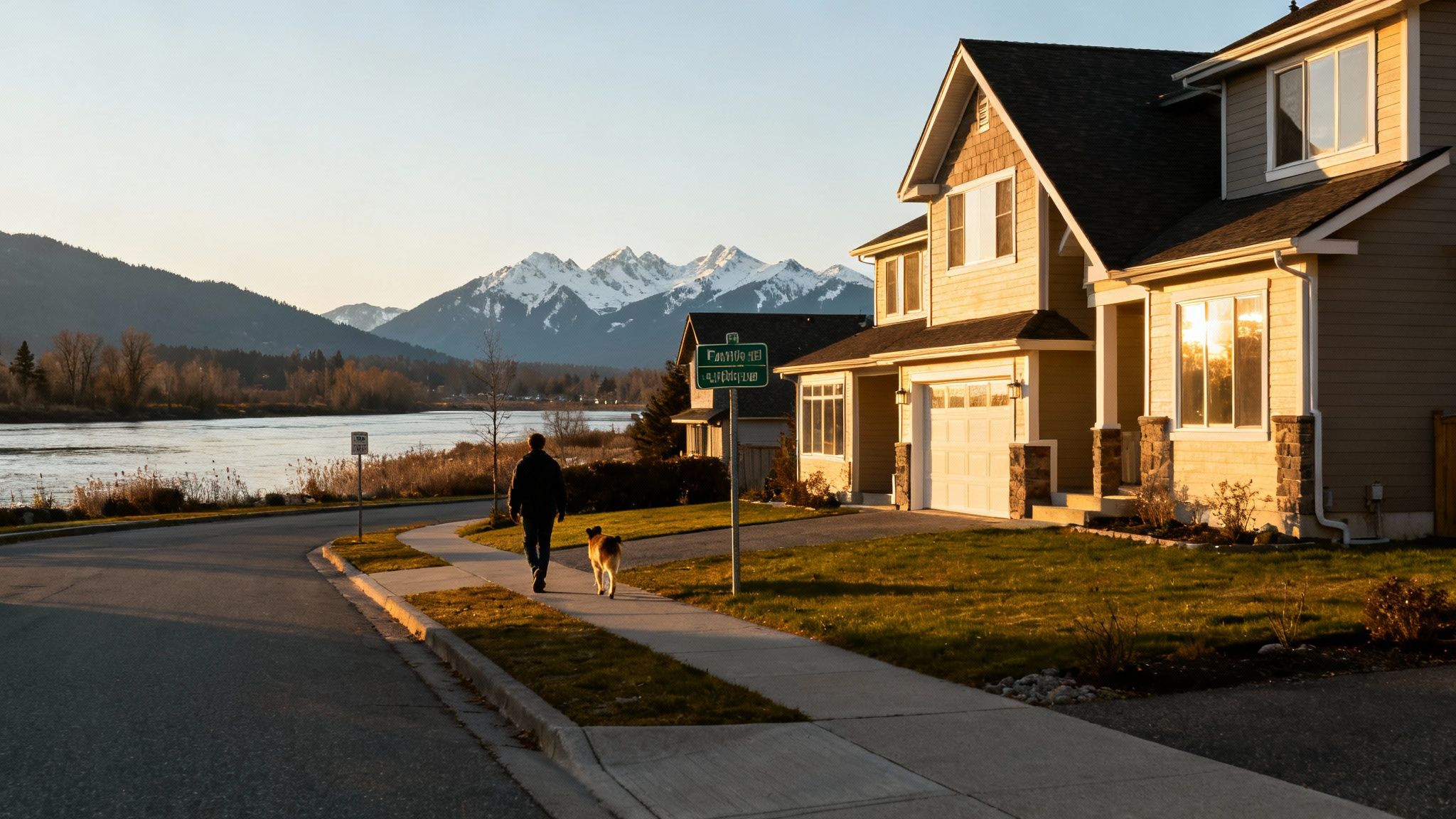 A person walks a dog on a sunny street overlooking a river and snow-capped mountains.