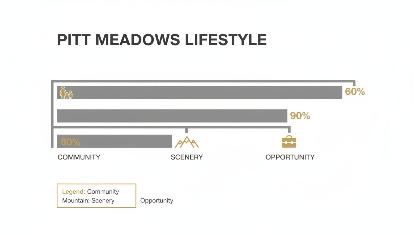 Pitt Meadows lifestyle bar chart showing community values at 60% and 80%, and opportunity at 90%.