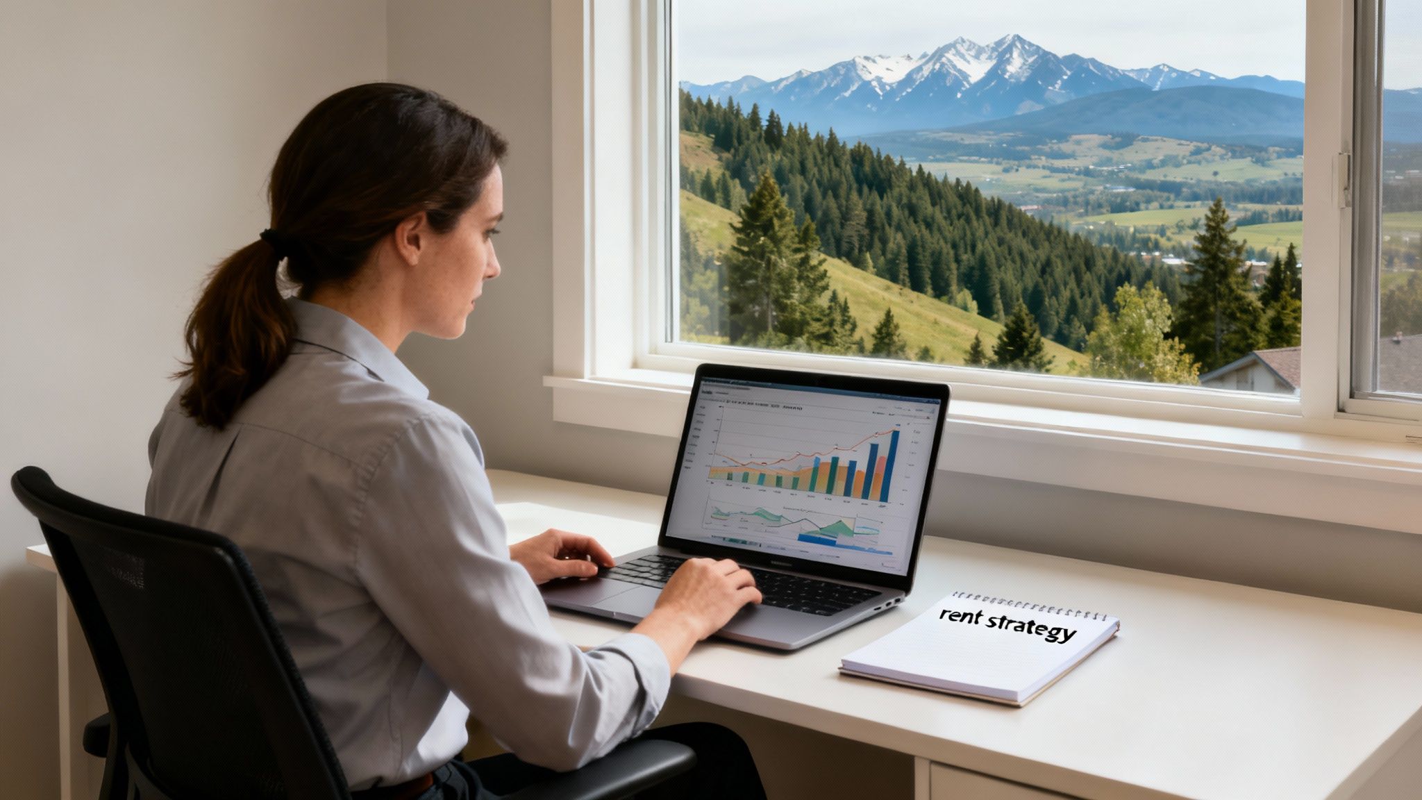 Woman analyzes data on laptop with 'rent strategy' notebook by a scenic mountain window.