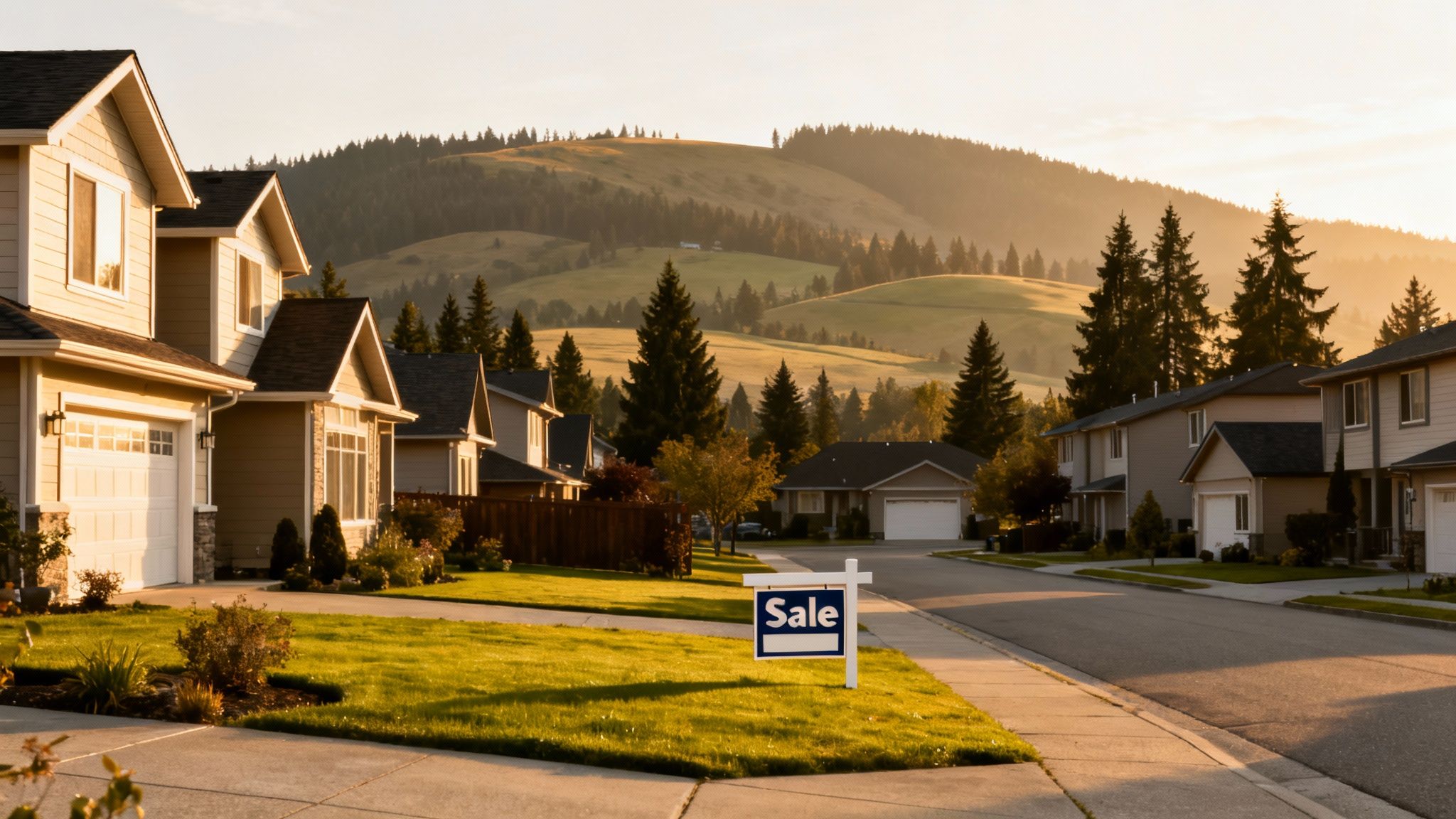 A suburban street with a 'Sale' sign, houses, green lawns, and sunlit hills in the background.