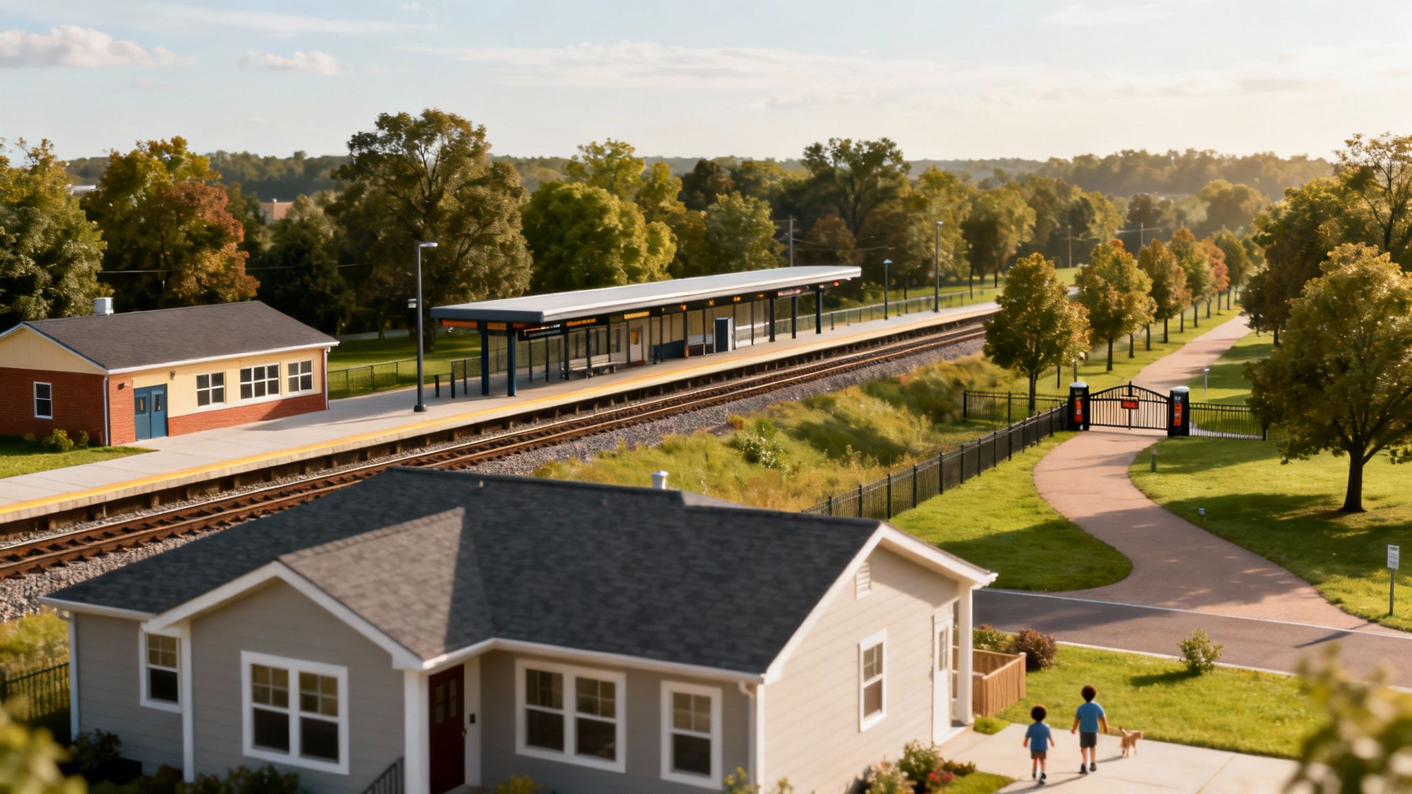 An aerial view of a suburban neighborhood with a house, train station, and park path.