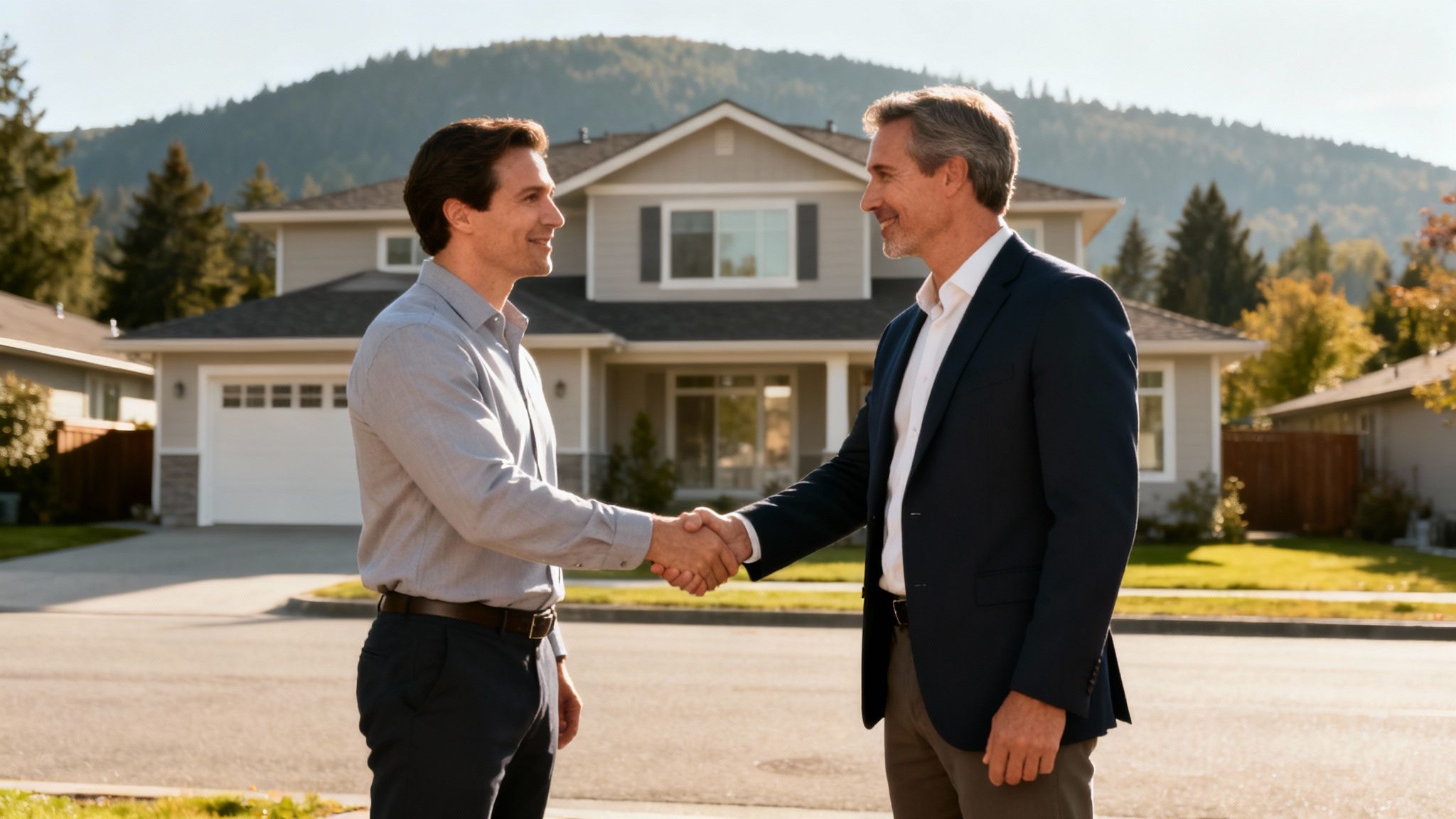 Two smiling men shake hands in front of a modern house on a sunny day.