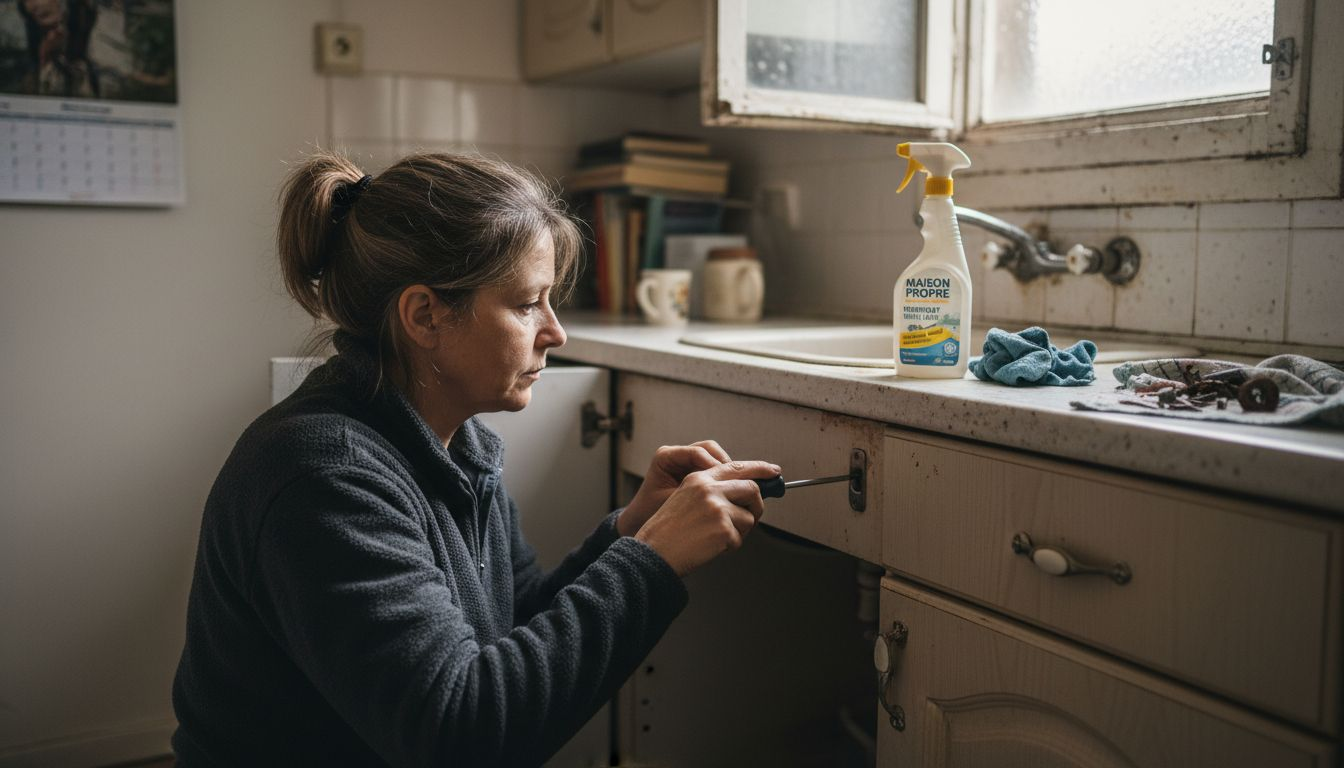 Woman repairing kitchen in rental property