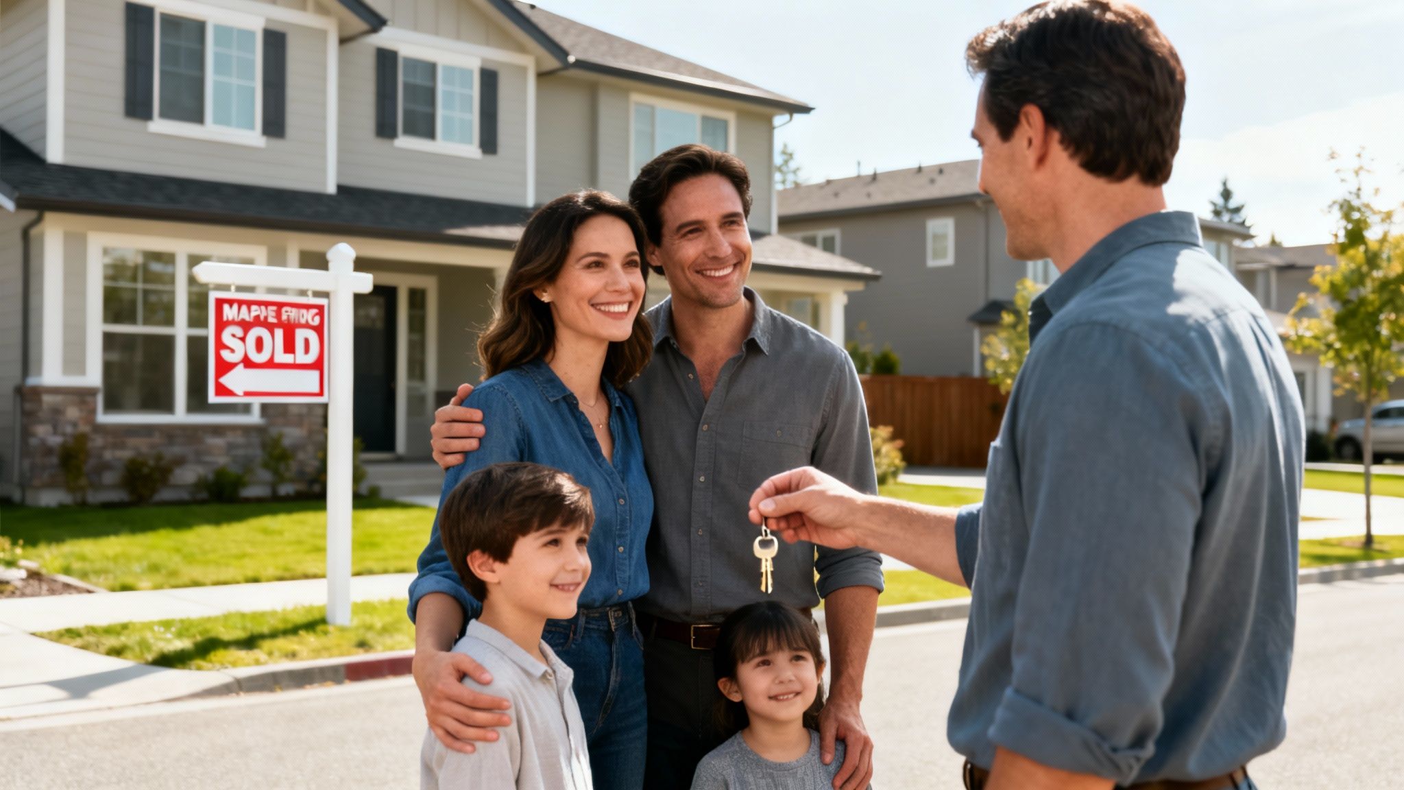 A real estate agent hands house keys to a happy family in front of their new home.