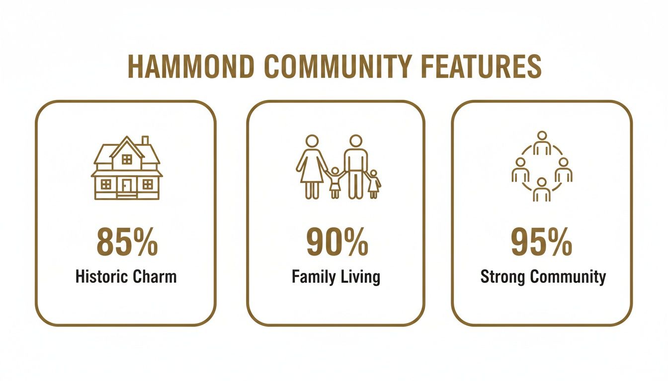 Infographic showing Hammond community features: 85% Historic Charm, 90% Family Living, 95% Strong Community.