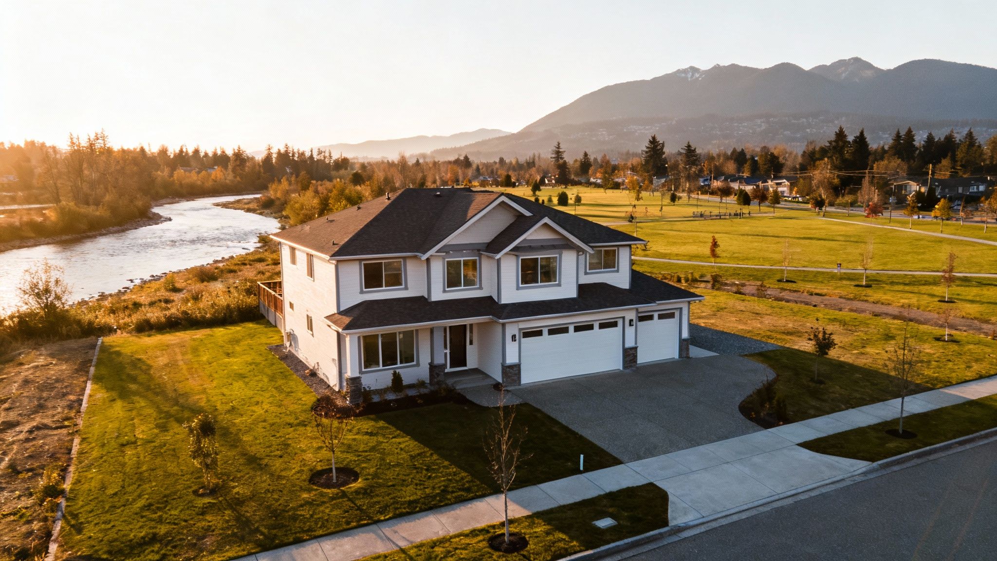 Aerial view of a modern white house with a river, park, and mountains under a warm sunset.