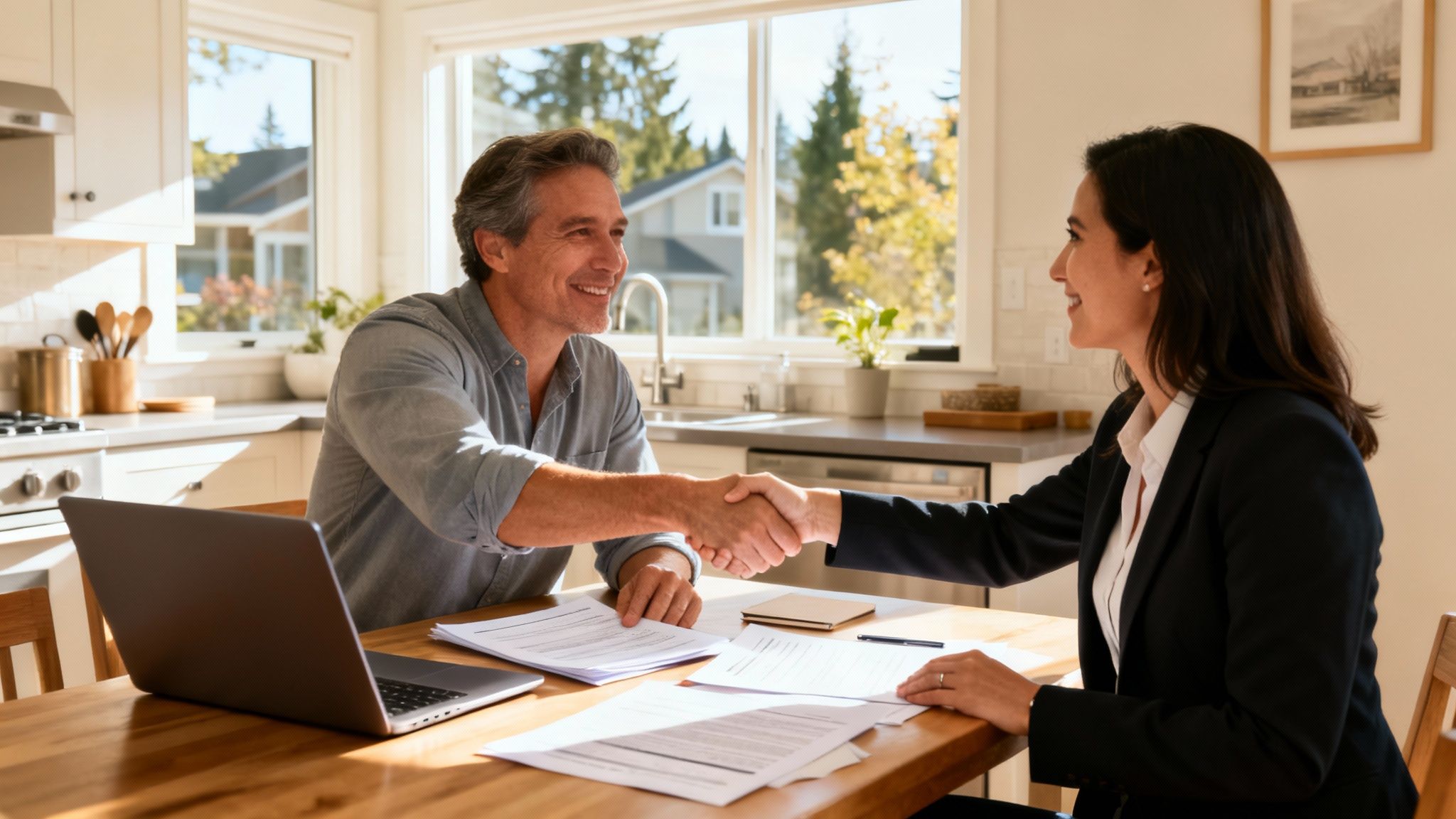 A smiling man and woman shake hands over documents and a laptop in a bright kitchen.
