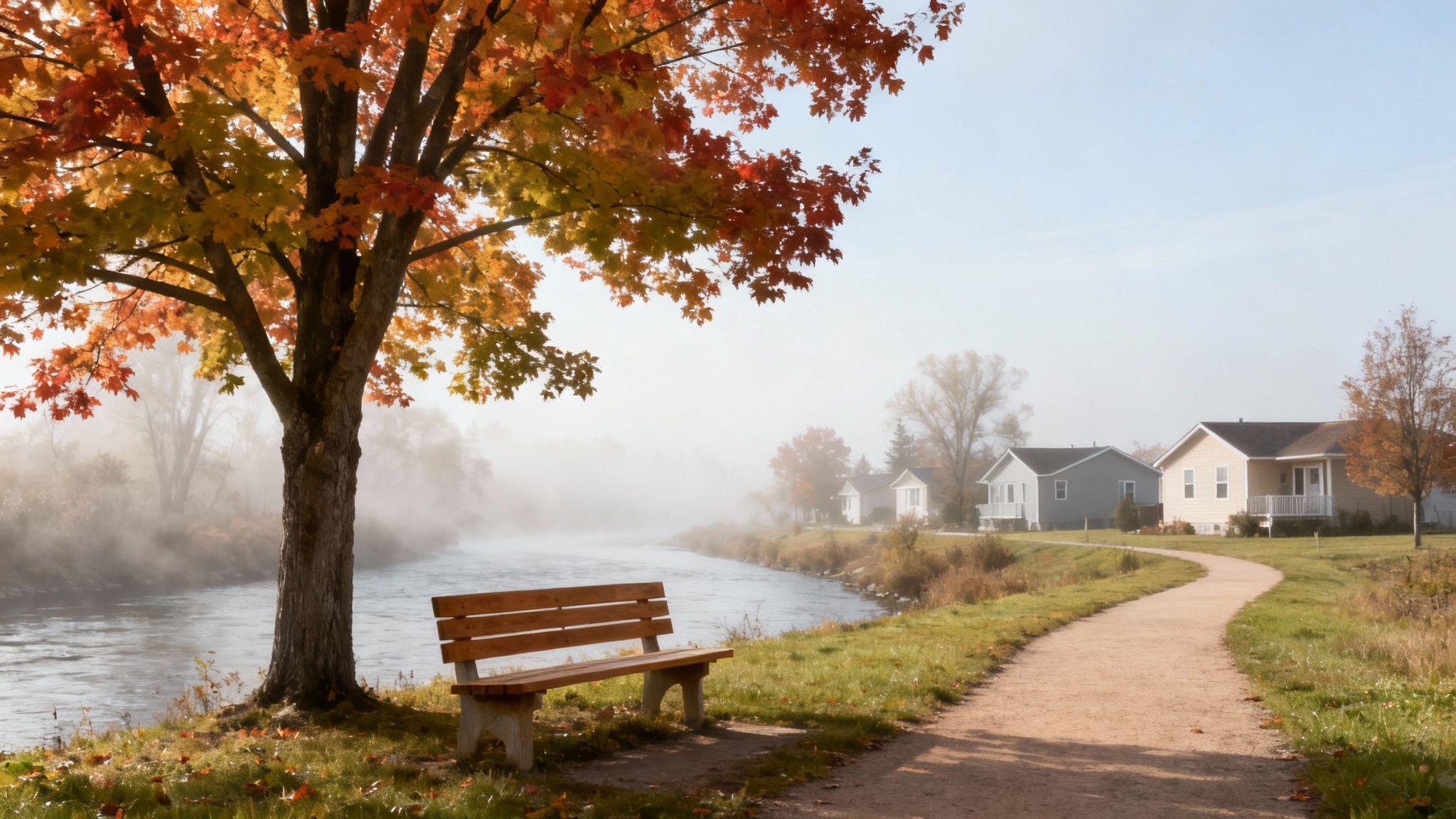 A vibrant autumn maple tree and wooden bench beside a foggy river, with houses and a path nearby.