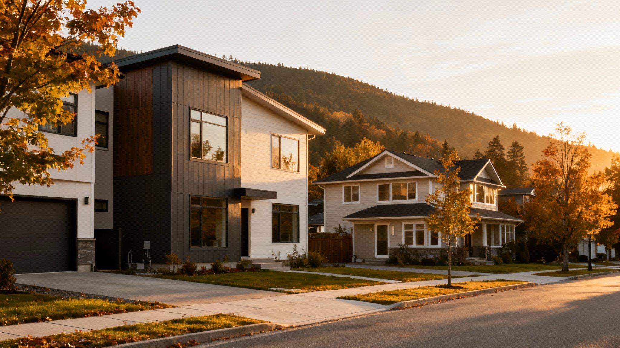A scenic street with modern and traditional homes bathed in warm autumn sunlight, with fall foliage and mountains.