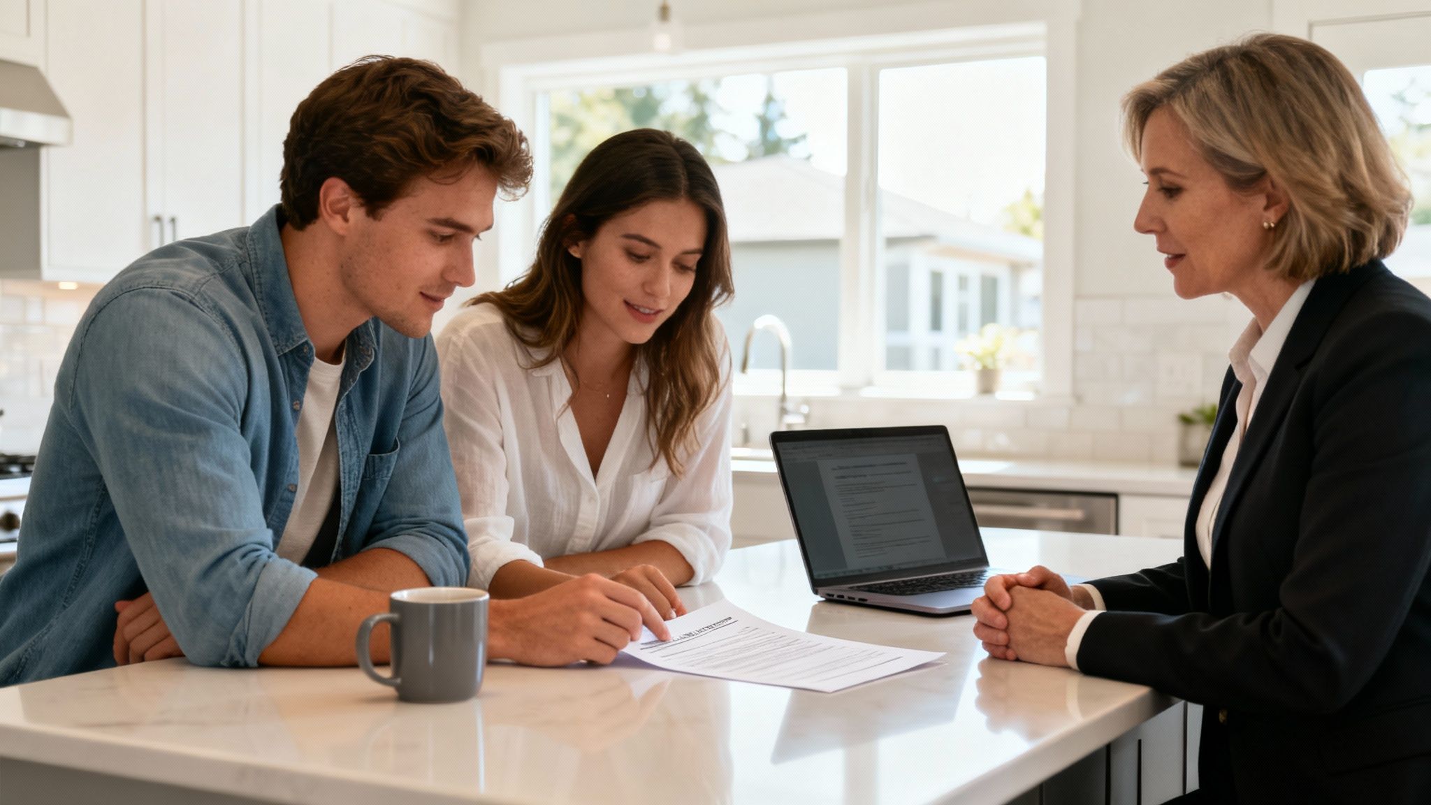 A real estate agent discusses a contract with a young couple in a bright, modern kitchen.