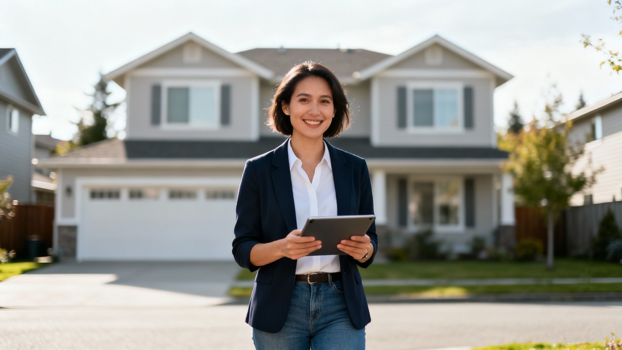 A smiling female real estate agent holds a tablet in front of a modern suburban house.