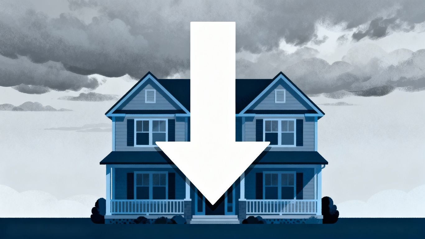 BC house with downward arrow, housing market adjustment