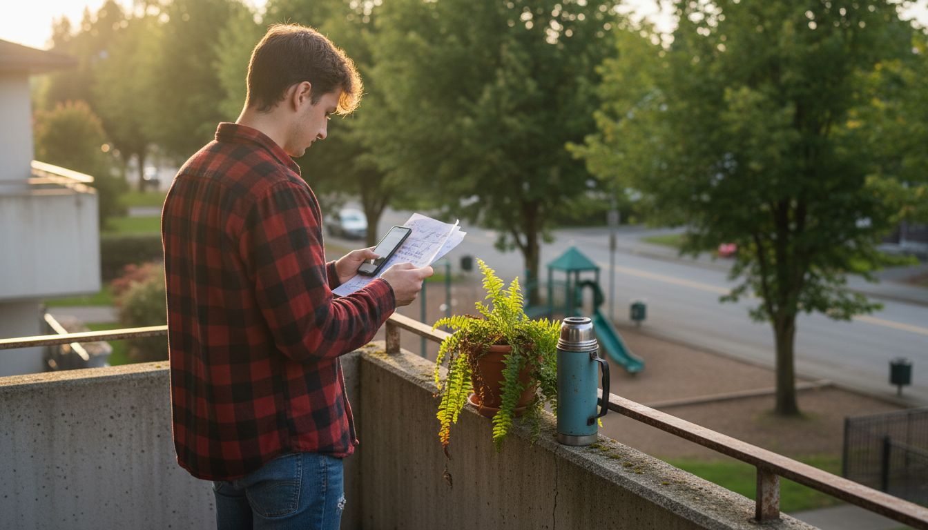 Tenant drafting rental message on balcony