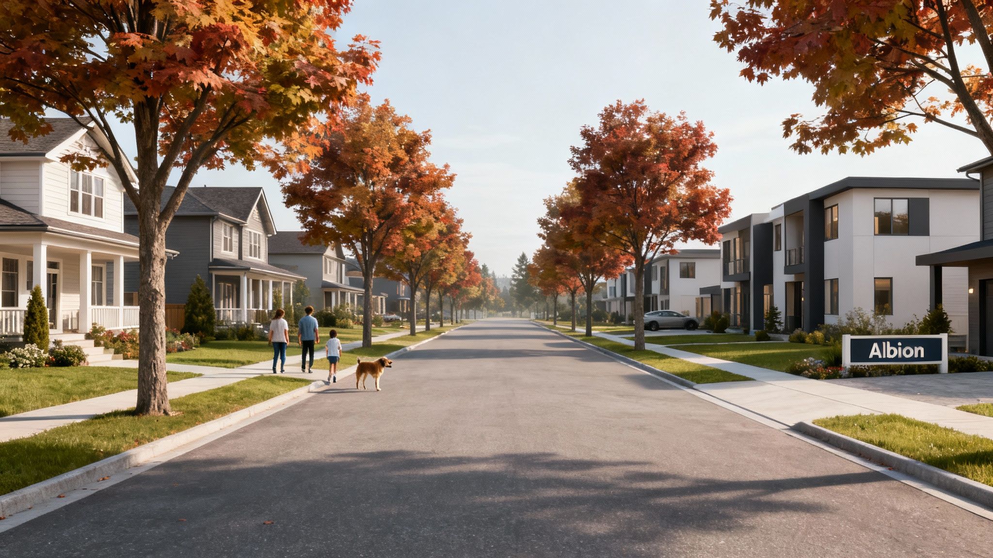 A family with their dog walks along a tree-lined residential street in the Albion community, showcasing diverse homes.
