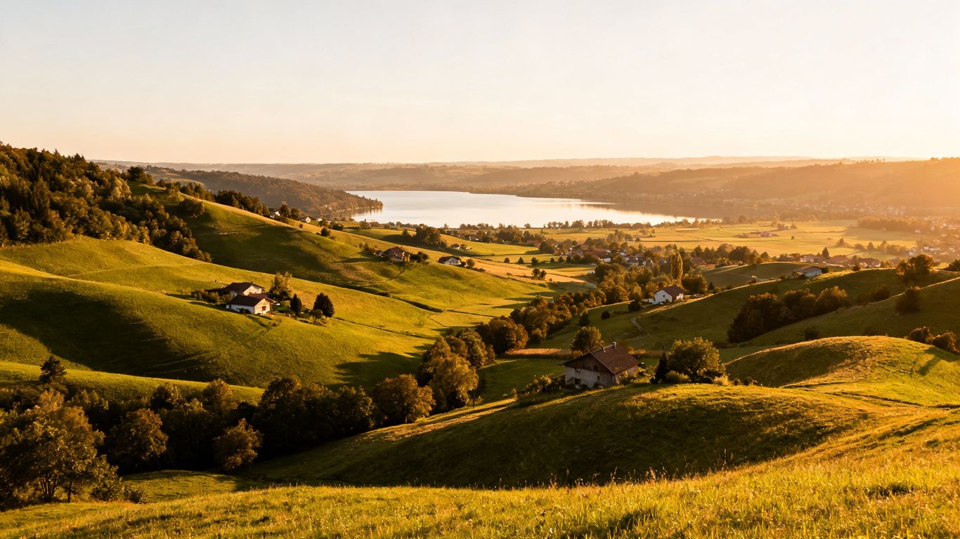 Valley landscape with houses and a lake.