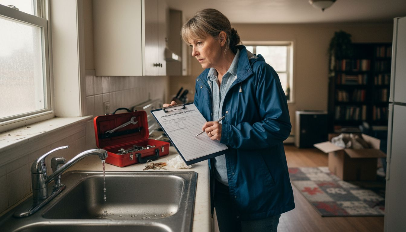 Woman inspecting apartment kitchen with clipboard