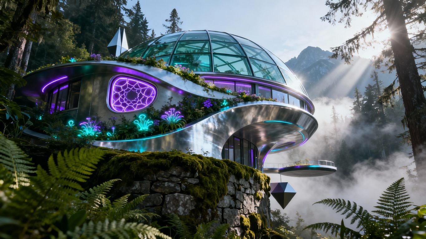 Futuristic glass dome house in misty British Columbia forest.