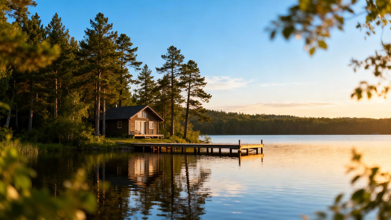 Lakeside cabin with dock and pine trees.