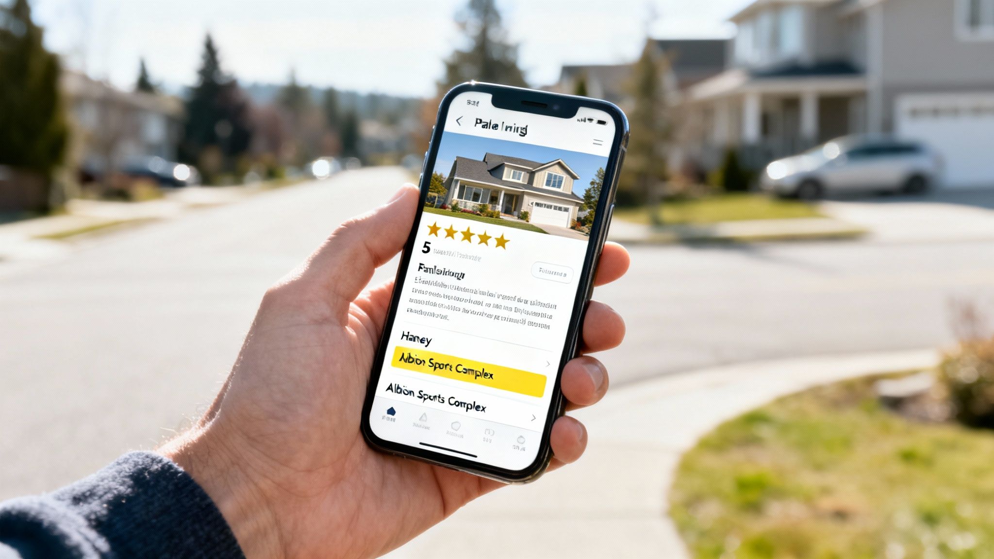Hand holding a smartphone displaying a real estate app with a house listing and 5-star rating on a suburban street.