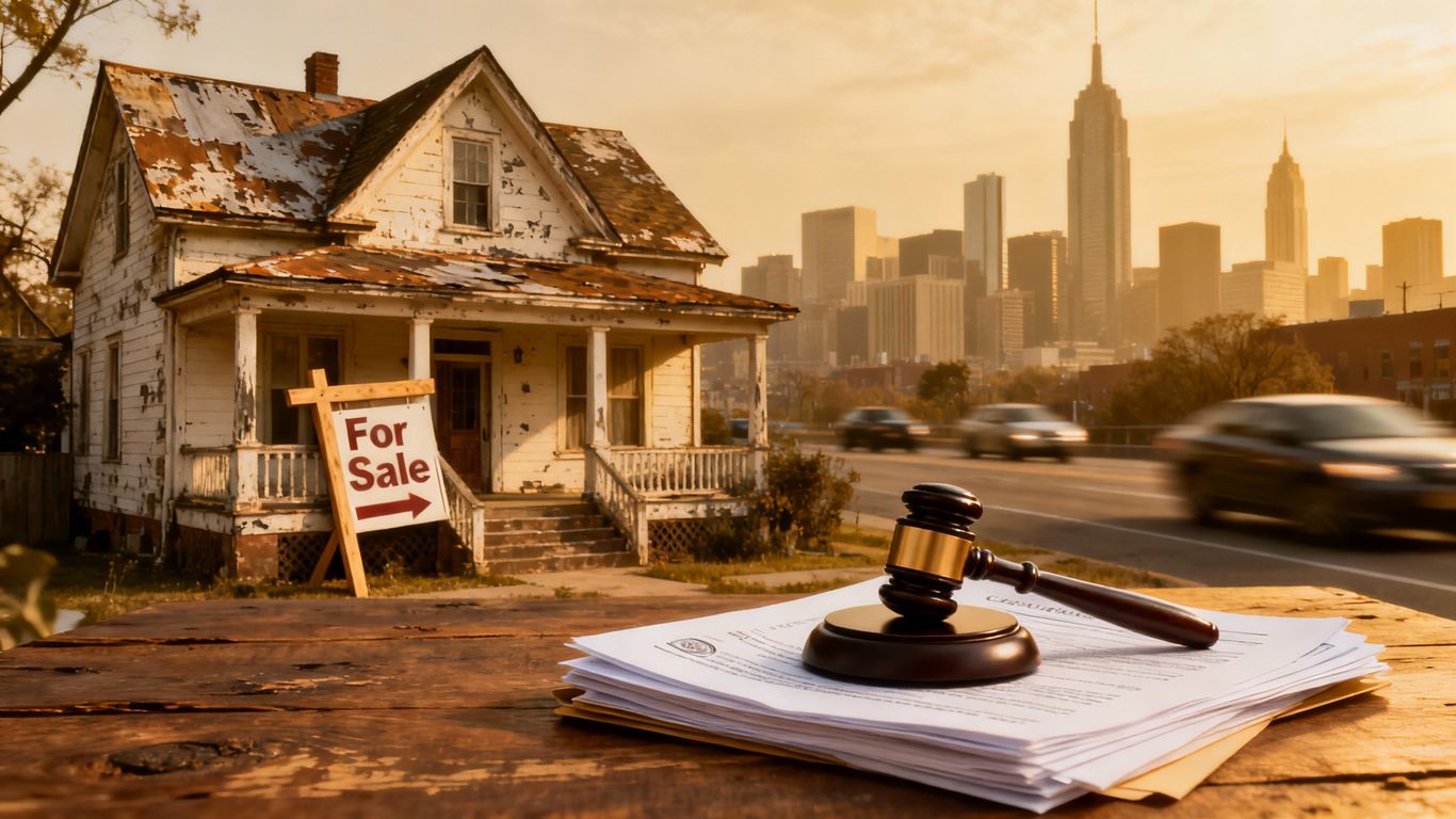 Historic house with legal document and gavel.
