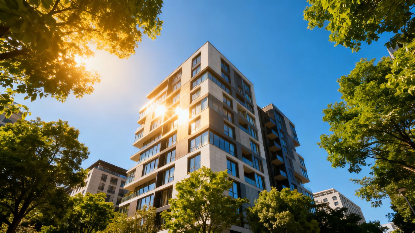 Modern apartment building against a clear blue sky.