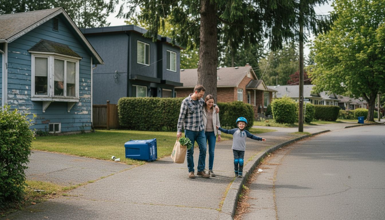 Family walking by various home types