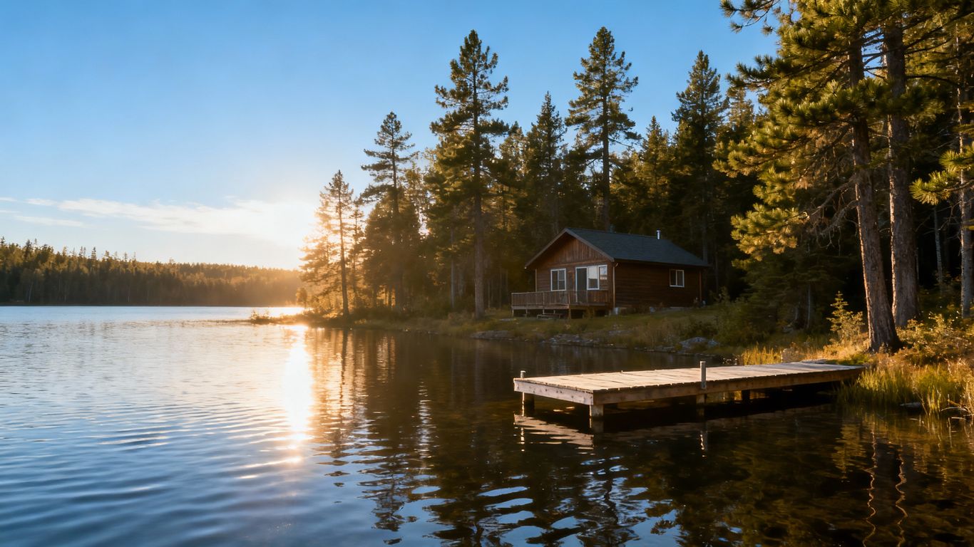 Canadian lakeside cabin surrounded by pine trees and water.