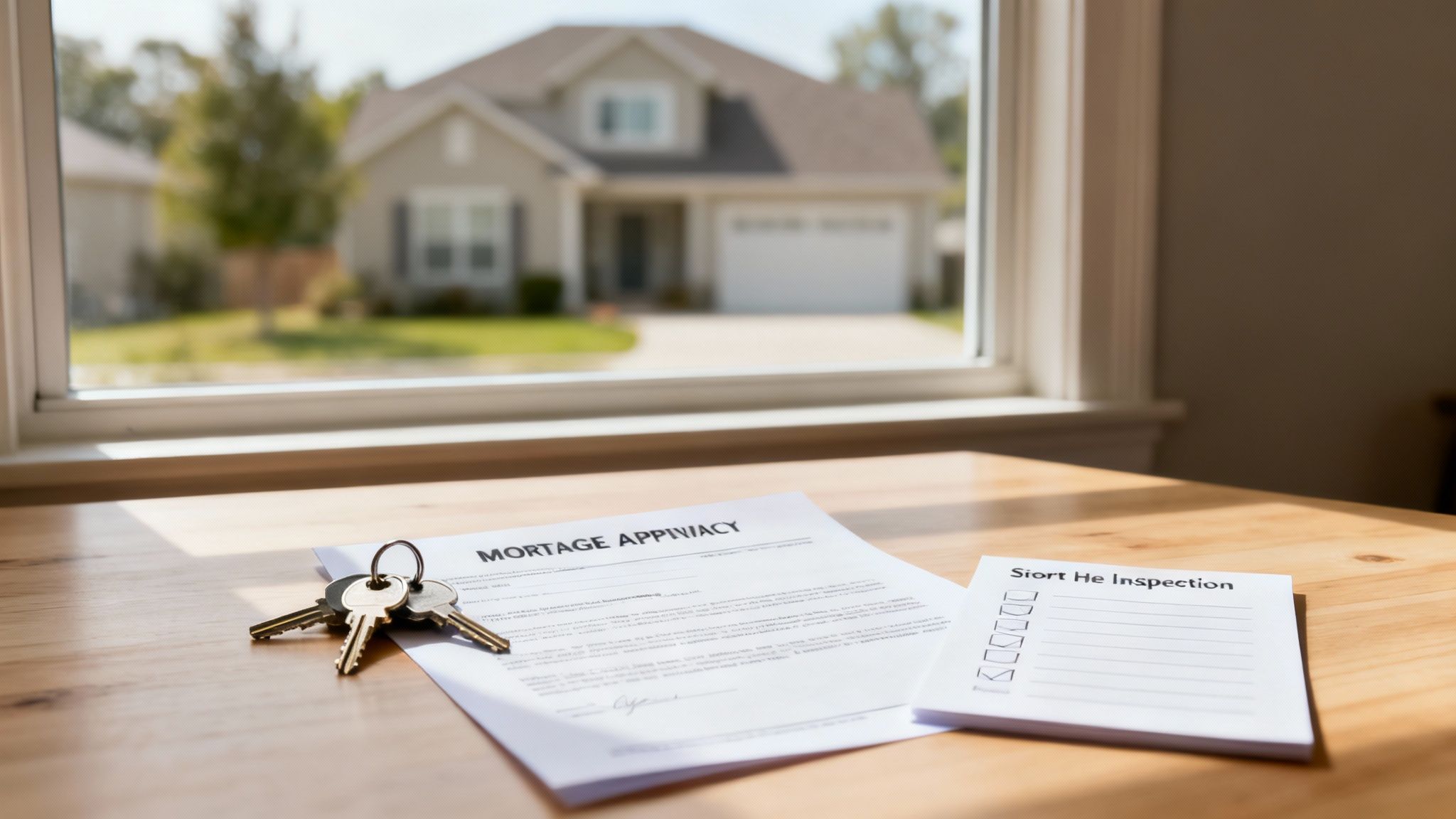 Mortgage papers, house keys, and an inspection checklist on a table, with a blurred house outside.