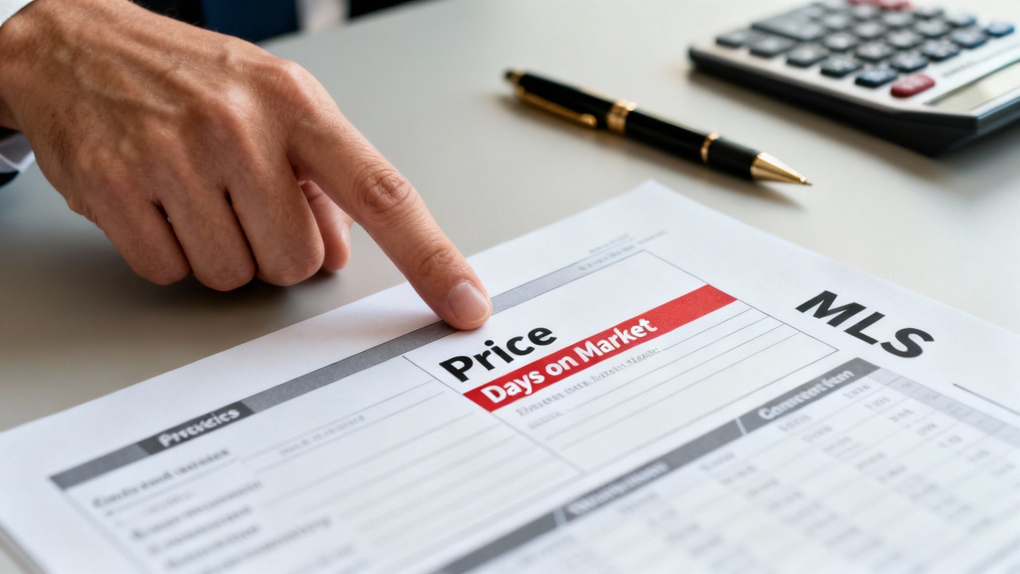 A hand points to 'Price' and 'Days on Market' on an MLS real estate listing document.