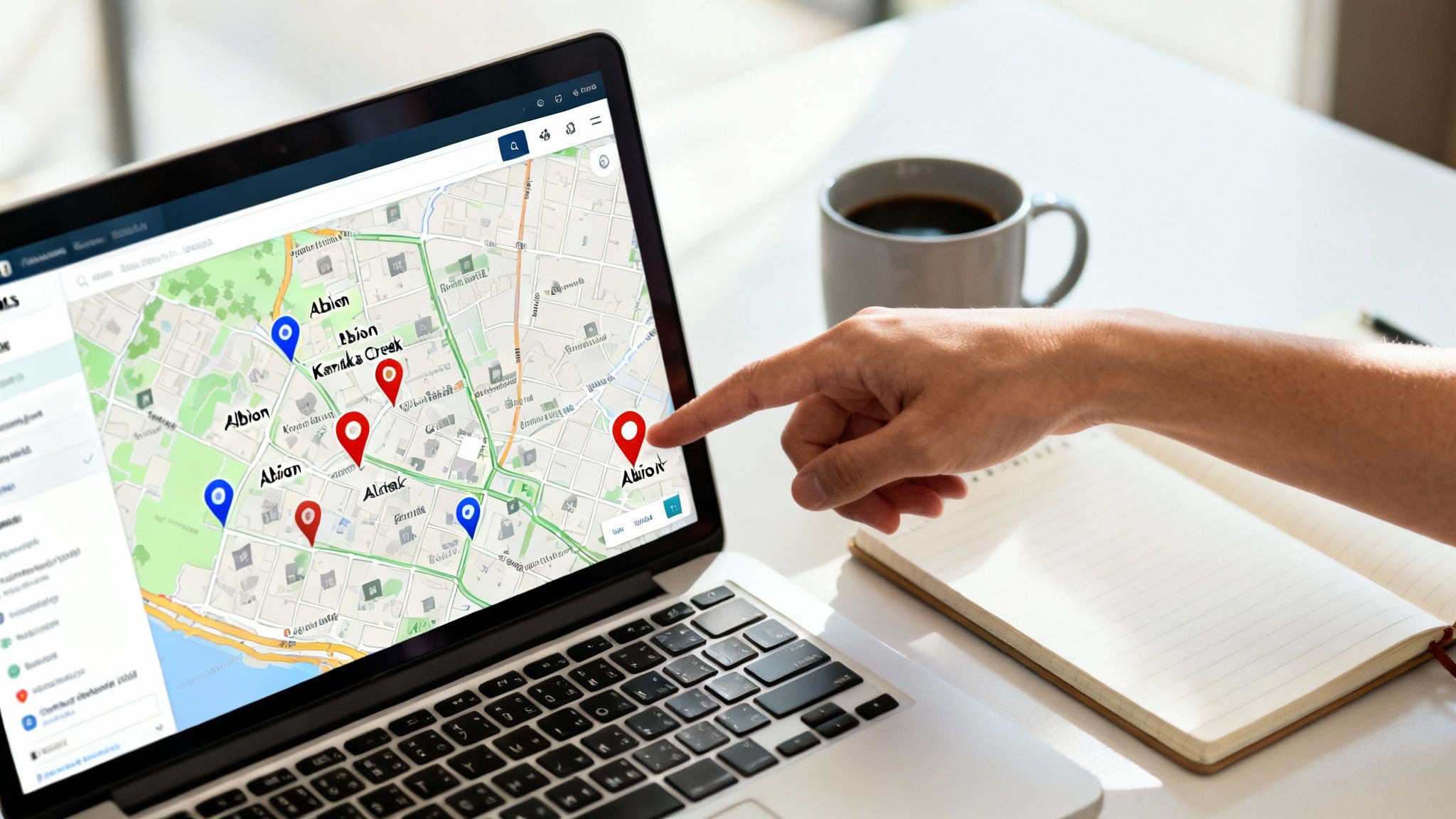 A hand pointing at a laptop screen displaying a map with multiple real estate listings and location pins.