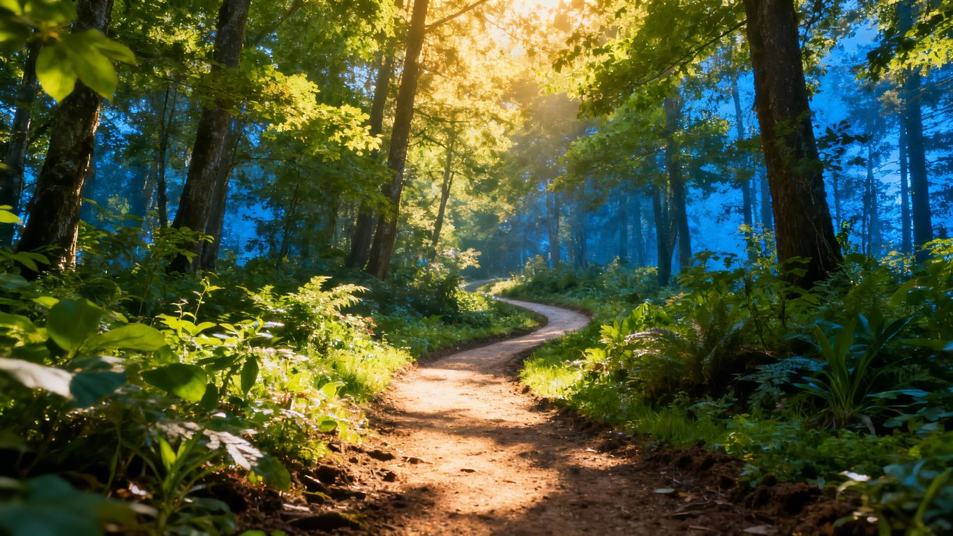 Forest canopy with sunlight filtering through leaves.