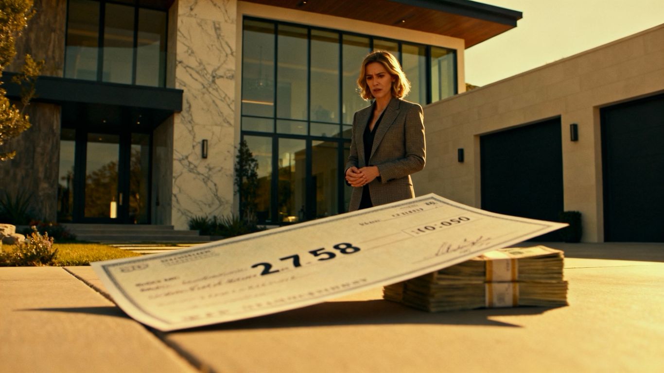 Woman near expensive house with large sum of money.
