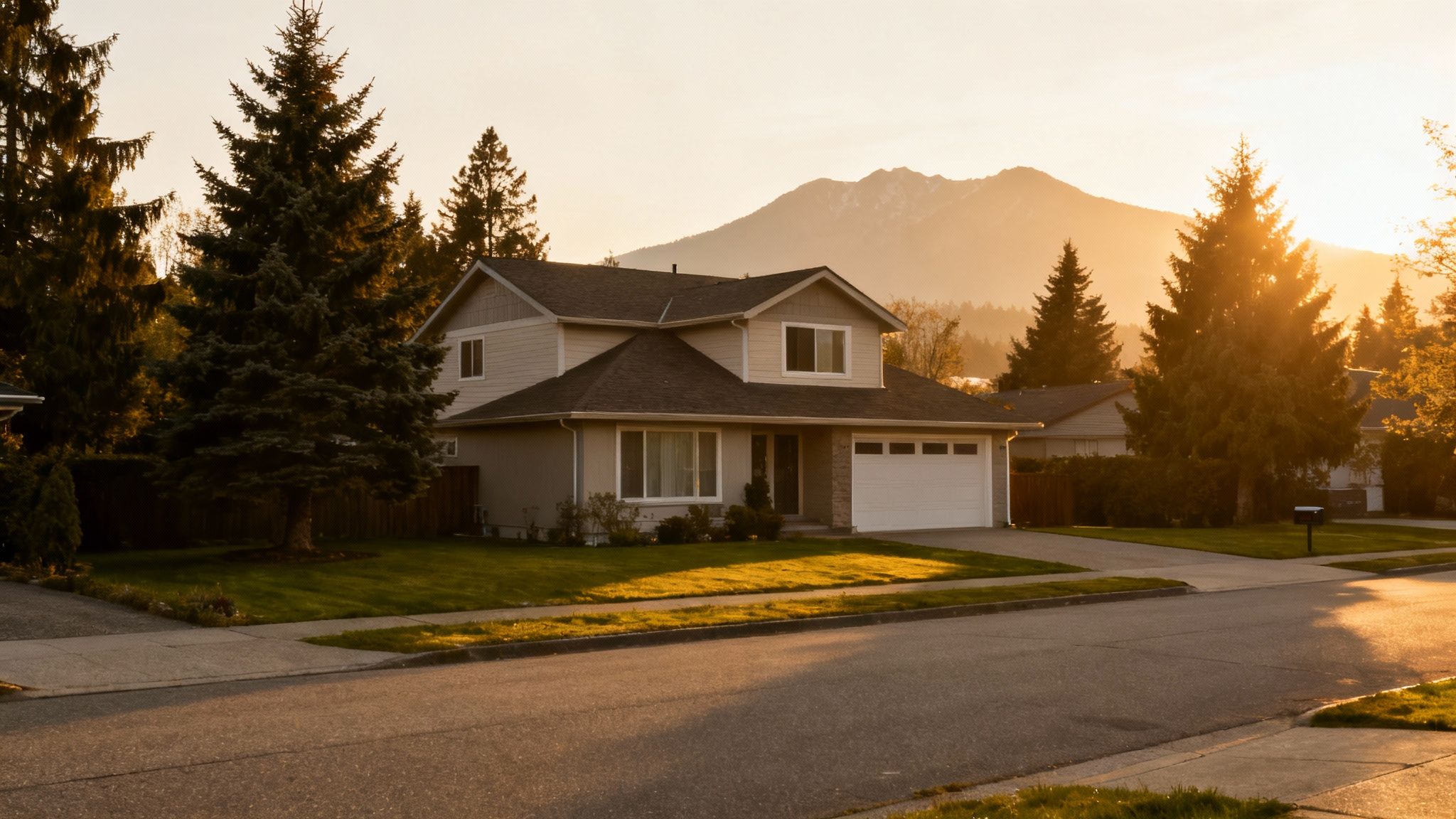 A two-story suburban house with a driveway and street, bathed in golden hour light with mountains.