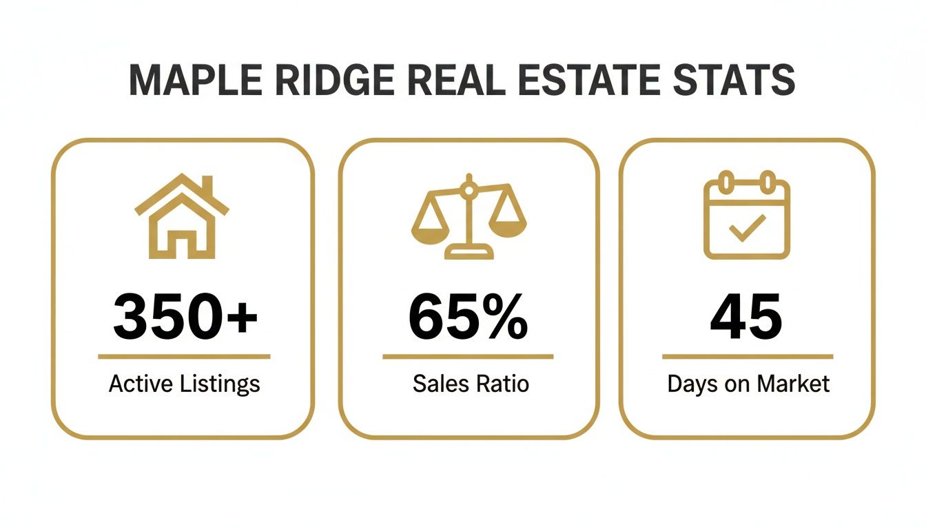 An infographic displaying Maple Ridge real estate statistics: 350+ active listings, 65% sales ratio, and 45 days on market.