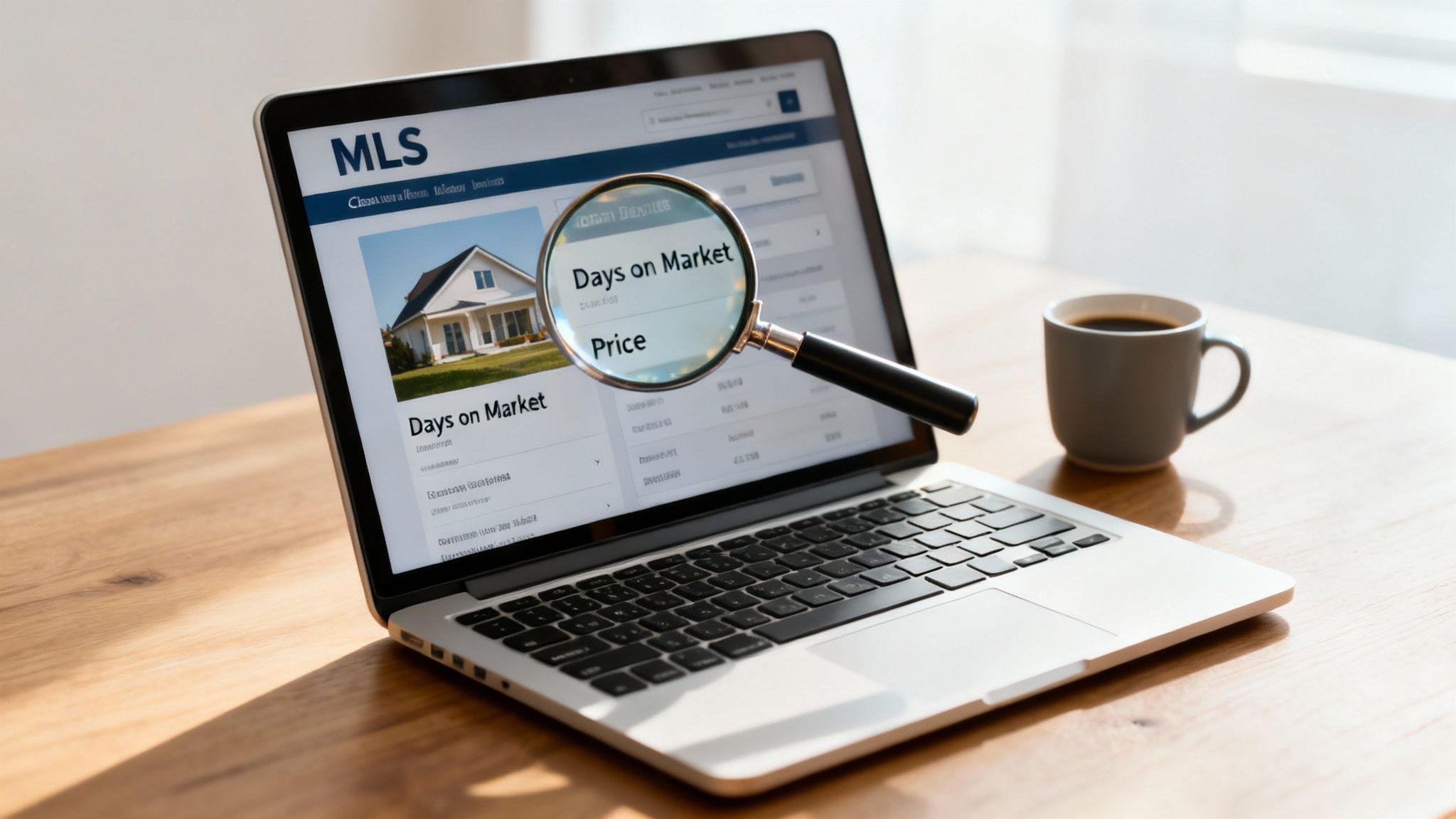 Laptop showing MLS real estate listings, magnified 'Days on Market' and 'Price' on screen.