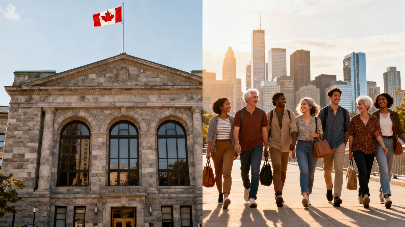 Government building and diverse people with city skyline.