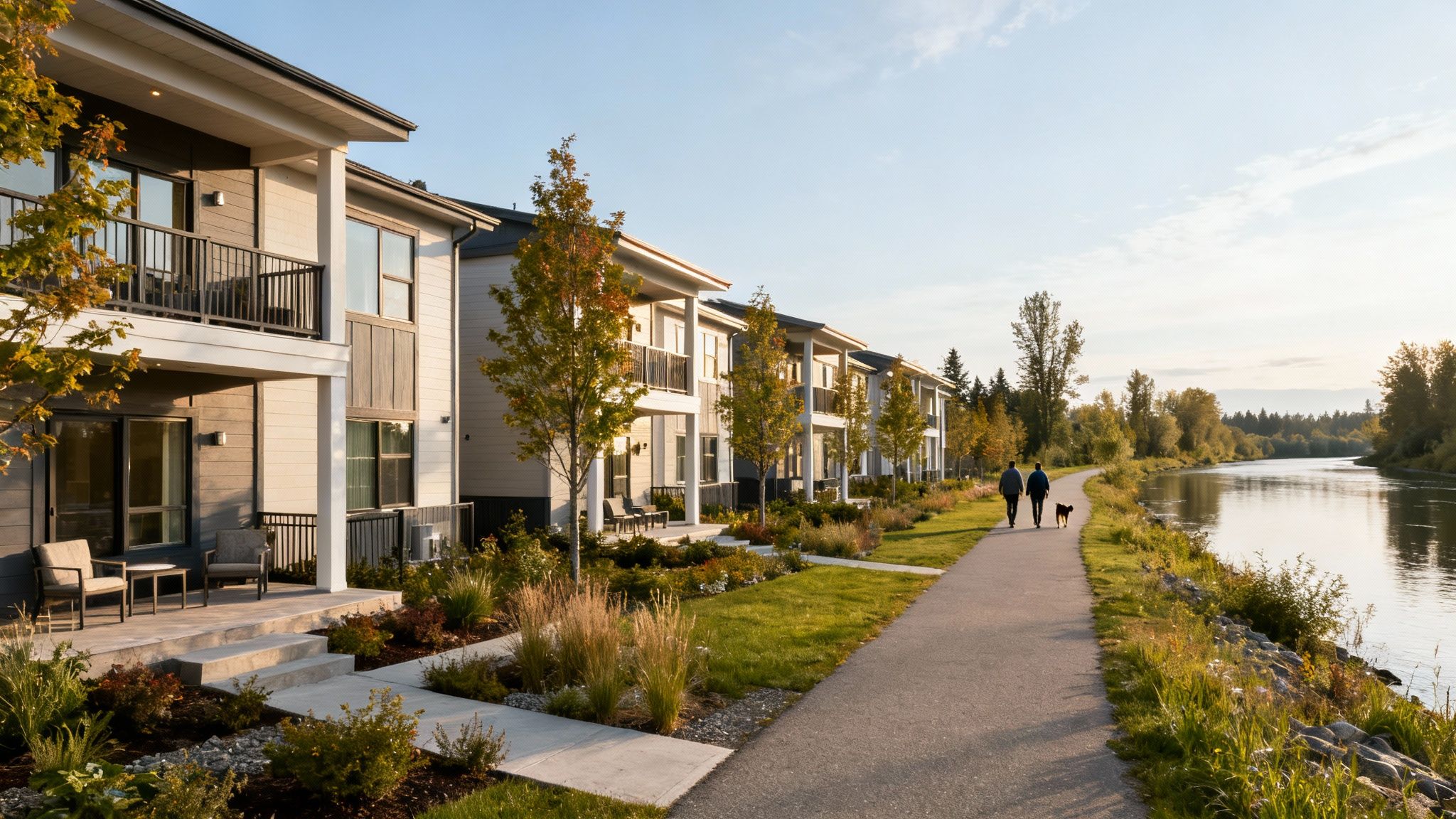 Modern townhomes line a scenic riverwalk where two people and a dog stroll on an autumn evening.