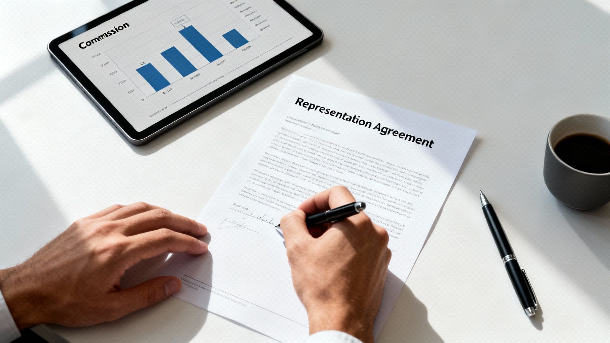 A person's hands signing a representation agreement document on a white desk, with a tablet showing commission data and a coffee cup.