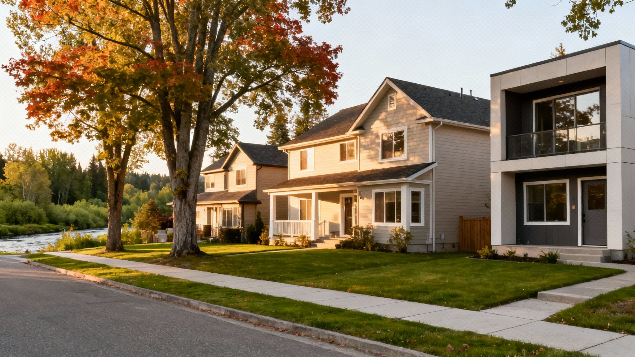 Modern and traditional homes line a street with autumn trees and a flowing river.