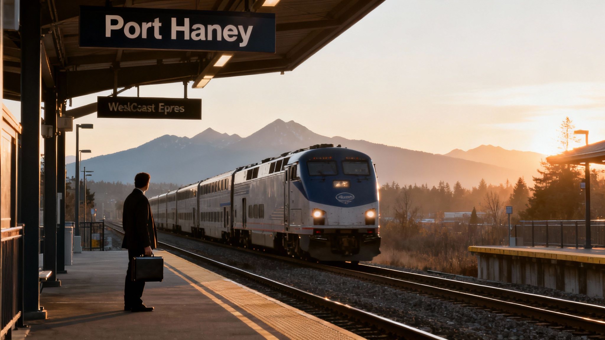 A man in a suit waits at Port Haney station as a train approaches during sunset.